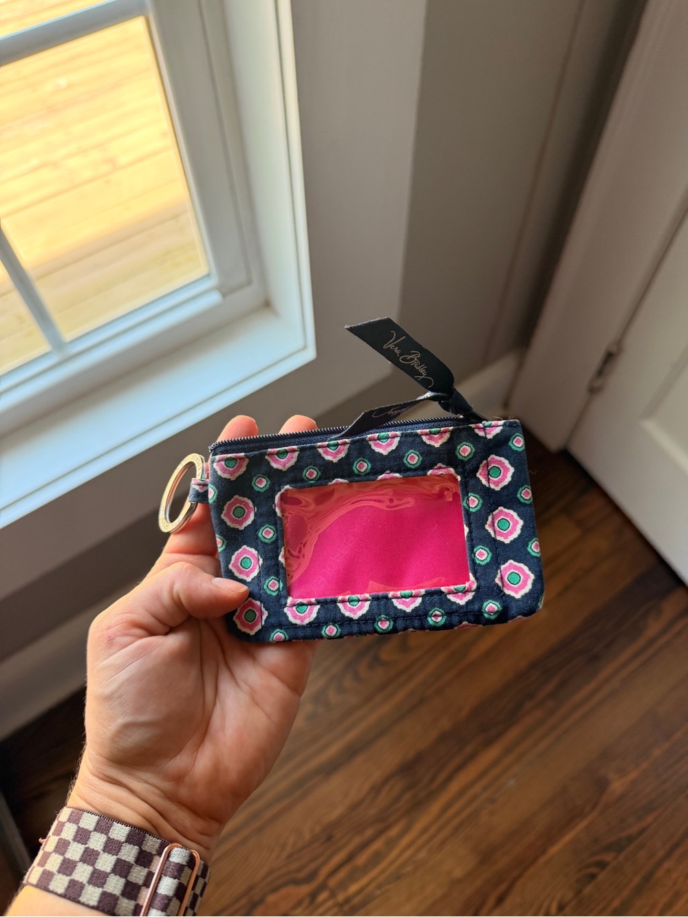 Vera Bradley Navy Floral ID Window Card Case with Gold Ring